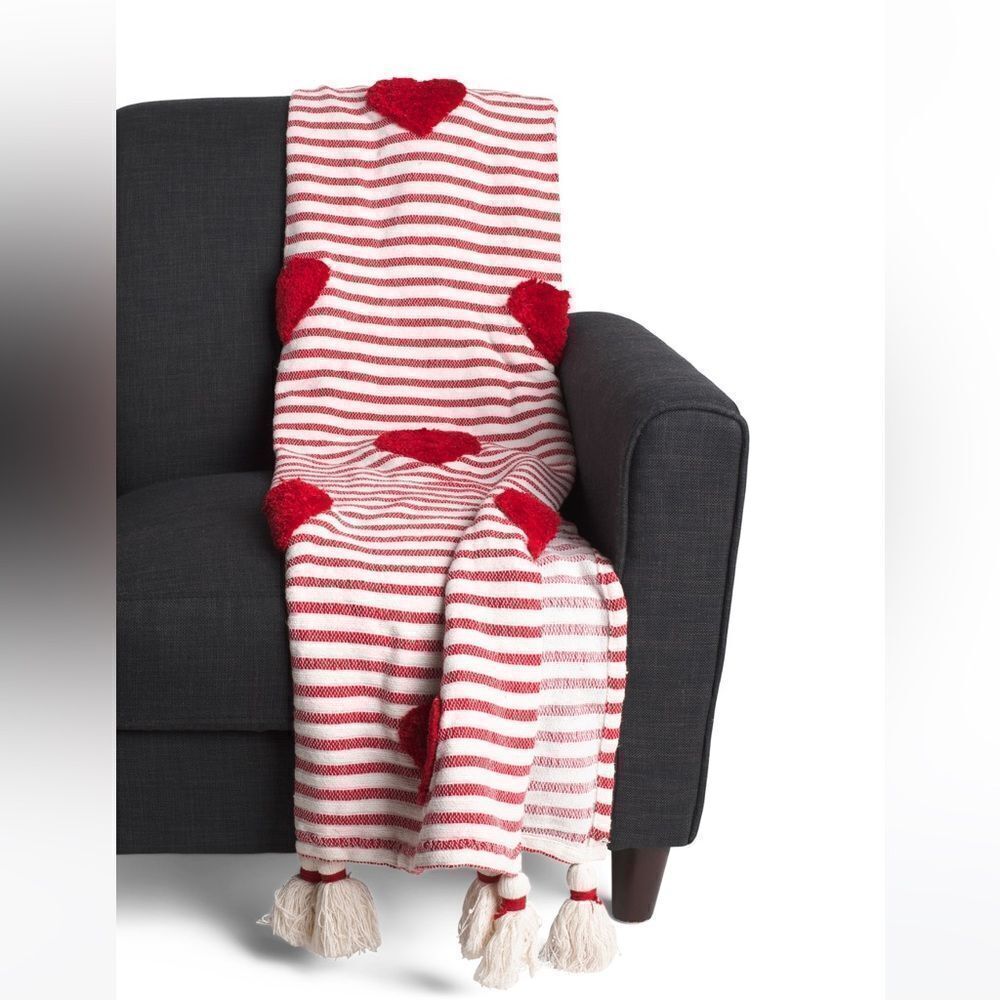 cupcakes and cashmere White Red Tufted Hearts Striped Tasseled Throw